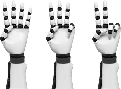 Drei Roboterhände zeigen vier, drei und zwei Finger