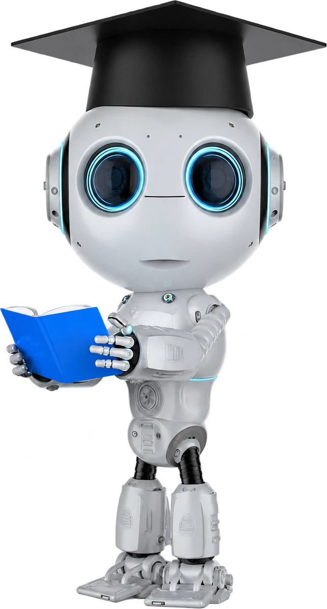 Roboter mit Doktorhut und Buch